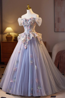 Shop 2025 ANNAKOO Light Purple Tulle Floral Appliques Off The Shoulder Prom Dress Under 179