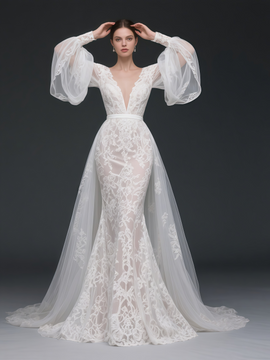 Shop 2025 ANNAKOO  Long Sleeve V Neck Trumpet Mermaid Lace Detachable Train Wedding Dress Under 289