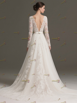 Shop 2025 ANNAKOO A Line V Neck Tulle Lace Long Sleeve Wedding Dress With Detachable Train Under 239