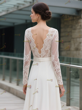 Shop 2025 ANNAKOO Long Sleeve V Neck Chiffon Lace A Line Wedding Dress Under 199