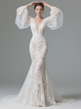 Shop 2025 ANNAKOO Puffy Long Sleeve V Neck Trumpet Mermaid Lace Wedding Dress Under 298