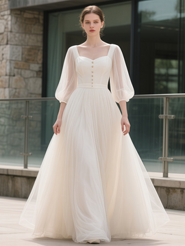 Shop 2025 ANNAKOO Half Sleeve Puffy Sleeve Tulle Square A Line Wedding Dress Under 178