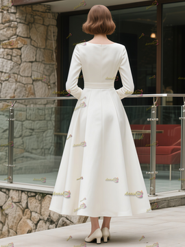 Shop 2025 ANNAKOO Long Sleeves Square Satin A Line Tea Length Wedding Dress Under 139