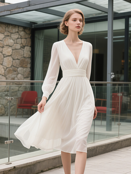 Shop 2025 ANNAKOO Long Sleeve V Neck Chiffon Tea Length Wedding Dress Under 99