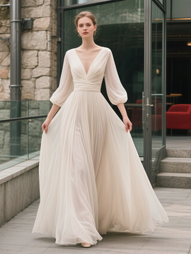 Shop 2025 ANNAKOO Long Sleeve Chiffon V Neck A Line Wedding Dress With Sash Under 150