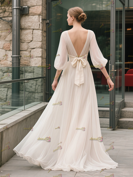 Shop 2025 ANNAKOO Long Sleeve Chiffon V Neck A Line Wedding Dress With Sash Under 150