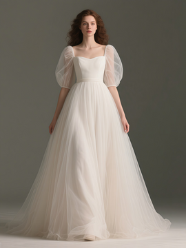 Shop 2025 ANNAKOO Puffy Sleeve Tulle Square Neck A Line Wedding Dress Under 159