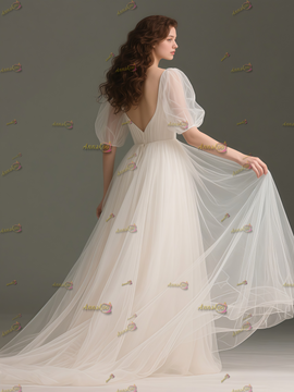 Shop 2025 ANNAKOO Puffy Sleeve Tulle Square Neck A Line Wedding Dress Under 159