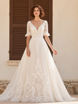Shop 2025 ANNAKOO Half Sleeve V Neck Lace Tulle A Line Wedding Dress Under 189