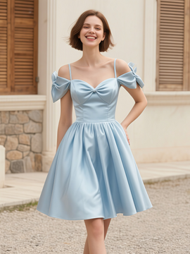 Shop 2025 ANANKOO Light Blue Spaghetti Straps Short Mini Satin Homecoming Dress Under 99