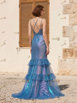 Shop 2025 ANNAKOO Blue Tulle Spaghetti Straps Ruffles Prom Dress With Slit Under 189