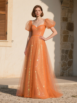 Shop 2025 ANNAKOO Puffy Sleeve Sequin Orange Tulle A Line Prom Dress Under 178