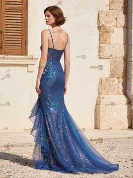 Shop 2025 ANNAKOO Spaghetti Straps Blue Ruffles Tulle Sparkle Prom Dress Under 169