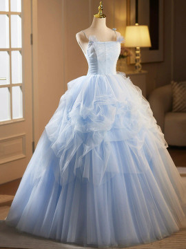 Blue Spaghetti Strap Tulle Lace Flower Prom Dress