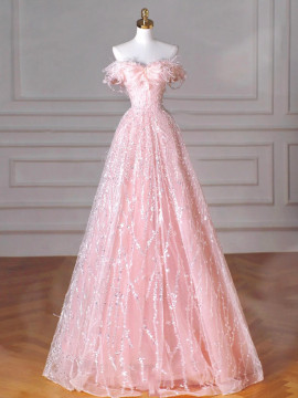 Shop 2025 ANNAKOO Pink Tulle Sequins Sequin Off The Shoulder Prom Dress Under 89