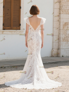 Shop 2025 ANNAKOO Lace Cap Sleeves Sheer Trumpet Mermaid Wedding Dress Under 199