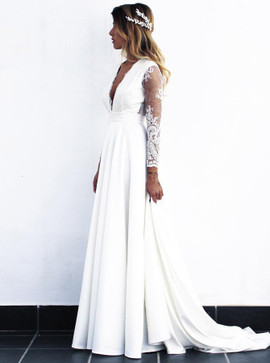 Long Sleeves V-Neck Open Back Long Chiffon Wedding Dress 