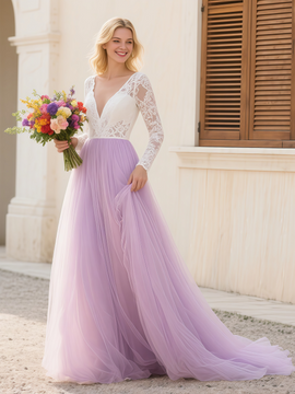 Shop 2025 ANNAKOO Long Sleeve V Neck Lace Purple Wedding Dress Under 189