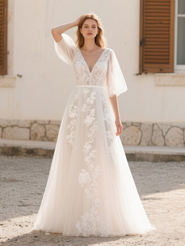 Shop 2025 ANNAKOO Half Sleeve Tulle V Neck Lace A Line Wedding Dress Under 189