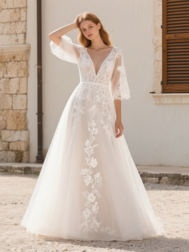 Shop 2025 ANNAKOO Lace V Neck Half Sleeve Tulle A Line Wedding Dress Under 189