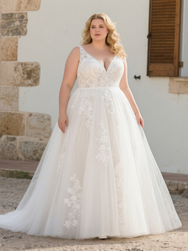 Shop 2025 ANNAKOO V Neck Tulle Plus Size A Line Appliques Wedding Dress Under 190