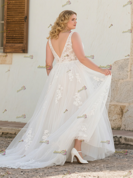 Shop 2025 ANNAKOO V Neck Tulle Plus Size A Line Appliques Wedding Dress Under 190