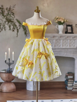 Shop 2023 ANNAKOO Yellow Satin Knee Length Print Homecoming Dress Under 139