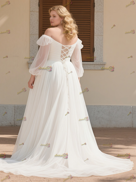 Shop 2025 ANNAKOO Off The Shoulder Long Sleeves Ruched Plus Size Wedding Dress Under 188