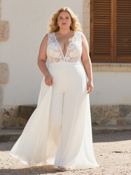 Shop 2025 ANNAKOO Lace V Neck Plus Size Chiffon Wedding Jumpsuit Under 189