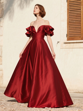 Shop 2025 ANNAKOO Burgundy Off The Shoulder Satin A Line Prom Dress Under 159