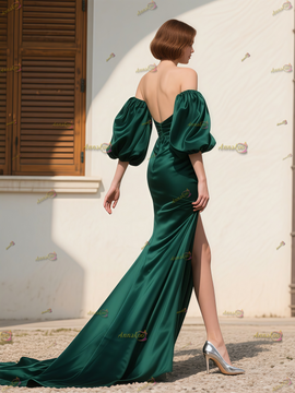 Shop 2025 ANNAKOO Puffy Sleeve Satin Green Trumpet Mermaid Beading Prom Dress With Slit Under 159