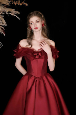 Shop 2025 ANNAKOO Burgundy Satin Tea Length A Line Prom Dress Under 189