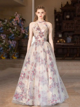 Shop 2025 ANNAKOO High Neck Floral Print A Line Backless Prom Dress Under 189