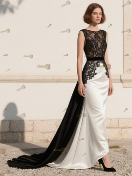 Shop 2025 ANNAKOO Black Scoop Trumpet Mermaid White Satin Prom Dress Under 189