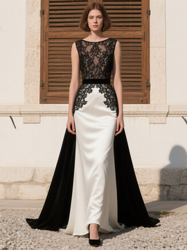 Shop 2025 ANNAKOO Black Scoop Trumpet Mermaid White Satin Prom Dress Under 189