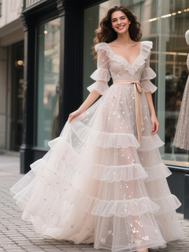 Shop 2025 ANNAKOO Ruffles V Neck Sequin Tulle A Line Wedding Dress With Belt Under  198
