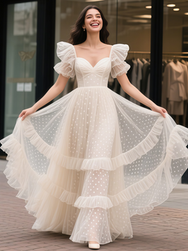 Shop 2025 ANNAKOO Ruffles Polka Dot A Line Short Sleeves Puffy Wedding Dress Under 189