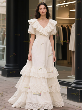 Shop 2025 ANNAKOO White V Neck Cotton Ruffles Lace A Line Wedding Dress Under 189
