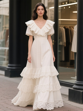 Shop 2025 ANNAKOO White V Neck Cotton Ruffles Lace A Line Wedding Dress Under 189