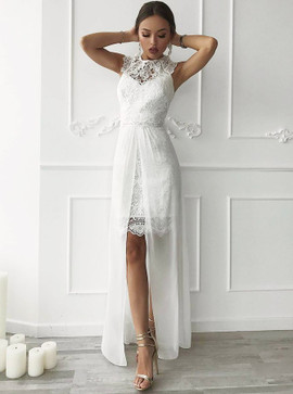 Detachable Train Beach Jewel Sleeveless Lace Wedding Dress