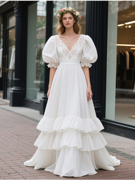 Sop 2025 ANNAKOO Classic Lace Puffy Sleeve V Neck Vintage Wedding Dress Under 199