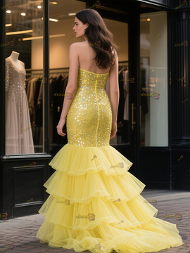 Shop 2025 ANNAKOO Yellow Sequin Beading Sequin Trumpet Mermaid Ruffles Prom Dress Under 398