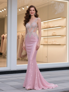 Shop 2025 ANNAKOO Pink Trumpet Mermaid Sequin Beading Cut Out Prom Dress Under 399