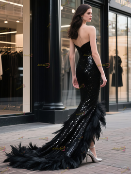 Shop 2025 ANNAKOO Sweetheart Black Sequin Trumpet Mermaid Feather Prom Dress With Slit Under 389