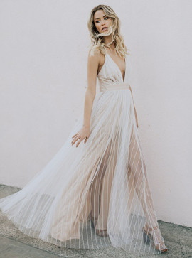 Light Champagne A-Line Deep V-Neck Long Tulle Wedding Dress