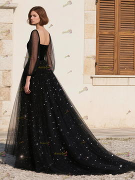 Shop 2025 ANNAKOO Black Square Long Sleeve Tulle A Line Prom Dress Under 169