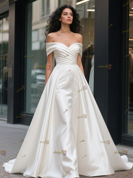 Shop 2025 ANNAKOO Simple Off The Shoulder Ruched A Line Satin Wedding Dress Under 198