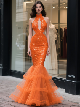 Shop 2025 ANNAKOO Orange Sequin Trumpet Mermaid Tulle Cut Out Prom Dress Under 189