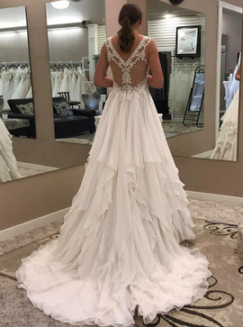 Lace Asymmetry Train Chiffon A-Line V-Neck  Wedding Dress