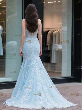 Shop 2025 ANNAKOO Baby Blue Spaghetti Straps Sequin Keyhole Mermaid Prom Dress Under 298